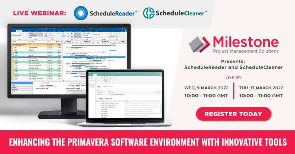 Webinars 14 Poster for a ScheduleReader and ScheduleCleaner webinar organized by Milestone