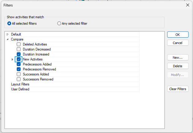 compare projects filters