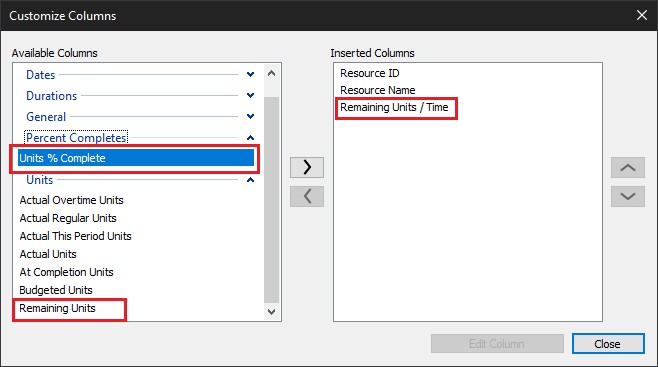 Customize columns in Resources table